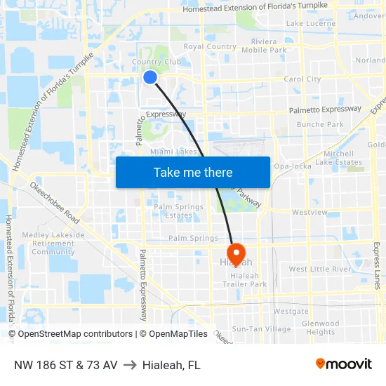 Nw 186 St & 73 Av to Hialeah, FL map