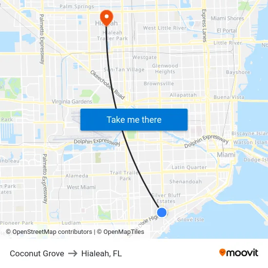 Coconut Grove to Hialeah, FL map