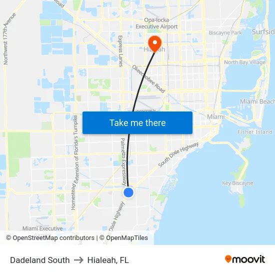 Dadeland South to Hialeah, FL map