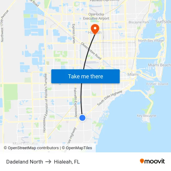 Dadeland North to Hialeah, FL map