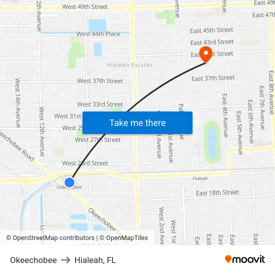 Okeechobee to Hialeah, FL map