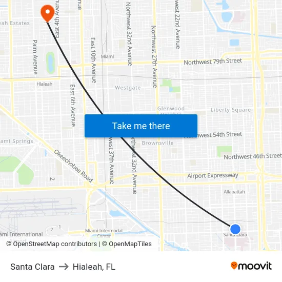 Santa Clara to Hialeah, FL map