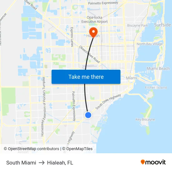 South Miami to Hialeah, FL map