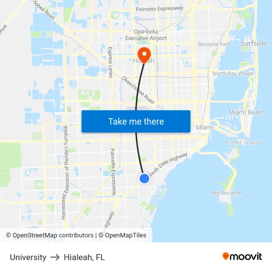 University to Hialeah, FL map