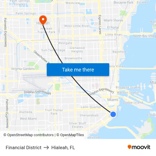 Financial District to Hialeah, FL map