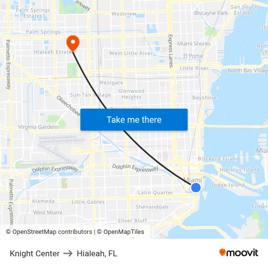 Knight Center to Hialeah, FL map