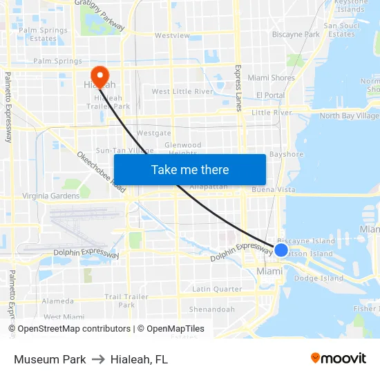 Museum Park to Hialeah, FL map