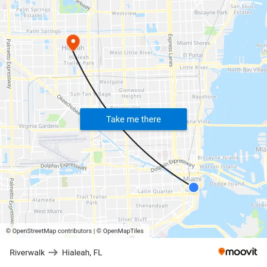 Riverwalk to Hialeah, FL map