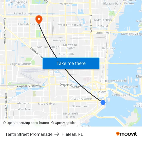 Tenth Street Promanade to Hialeah, FL map
