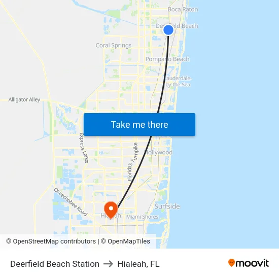 Deerfield Beach Station to Hialeah, FL map
