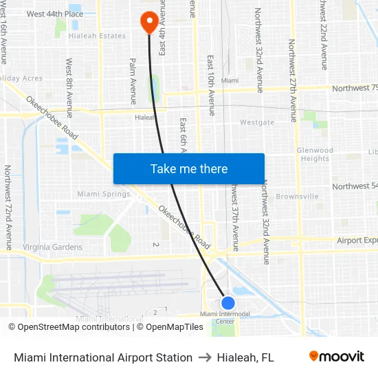 Miami International Airport Station to Hialeah, FL map