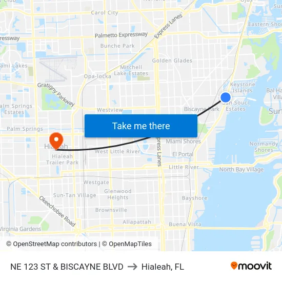 Ne 123 St & Biscayne Blvd to Hialeah, FL map