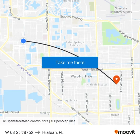 W 68 St #8752 to Hialeah, FL map
