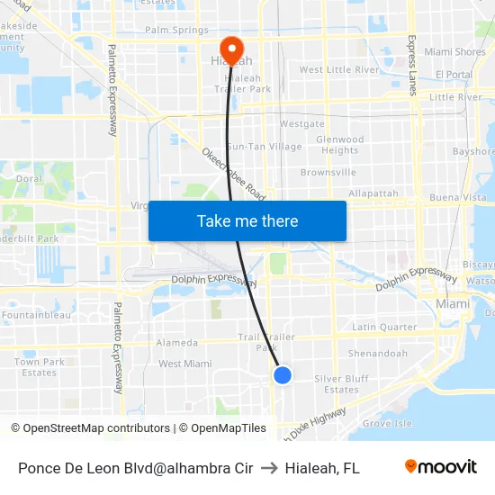 Ponce De Leon Blvd@alhambra Cir to Hialeah, FL map