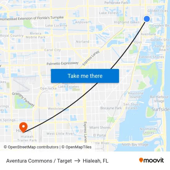 Aventura Commons / Target to Hialeah, FL map