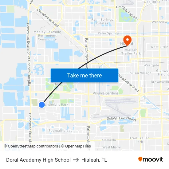 Doral Academy High School to Hialeah, FL map
