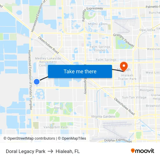 Doral Legacy Park to Hialeah, FL map