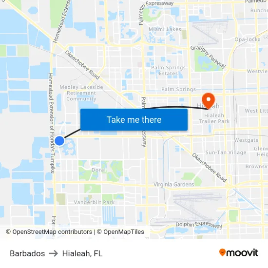 Barbados to Hialeah, FL map