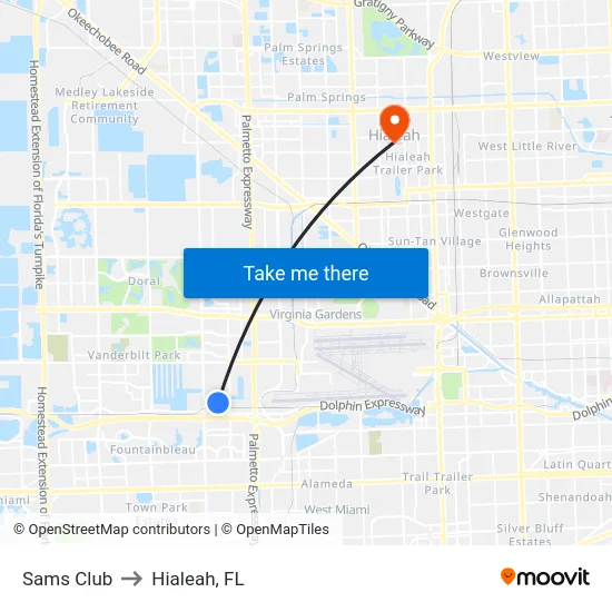 Sams Club to Hialeah, FL map