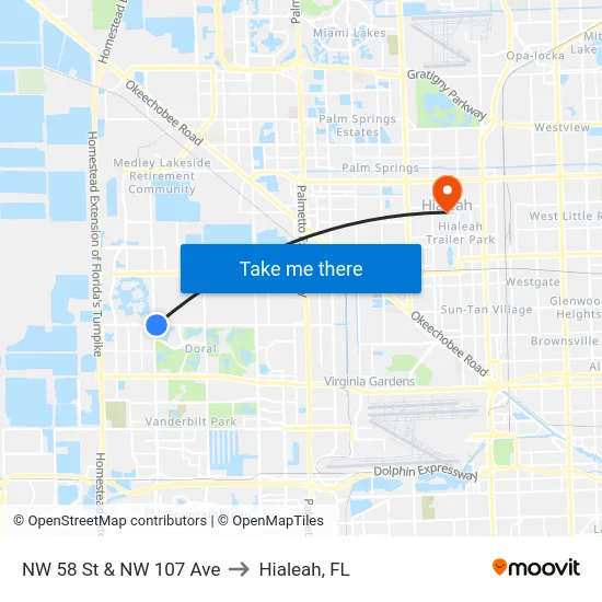 NW 58 St & NW 107 Ave to Hialeah, FL map