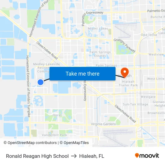 Ronald Reagan High School to Hialeah, FL map