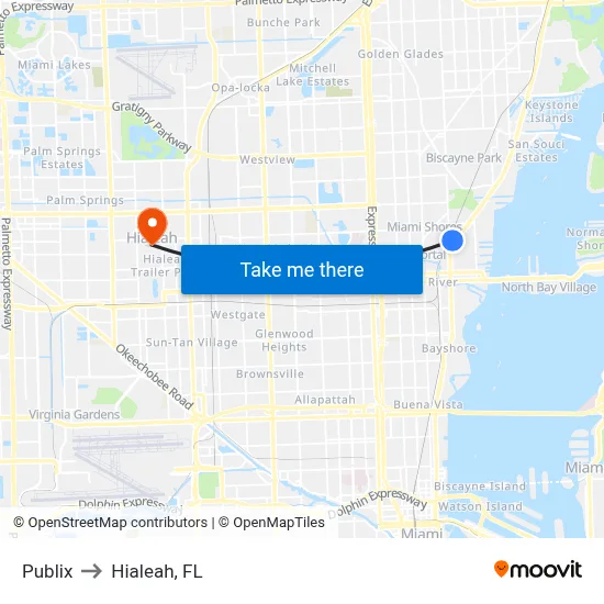 Publix to Hialeah, FL map