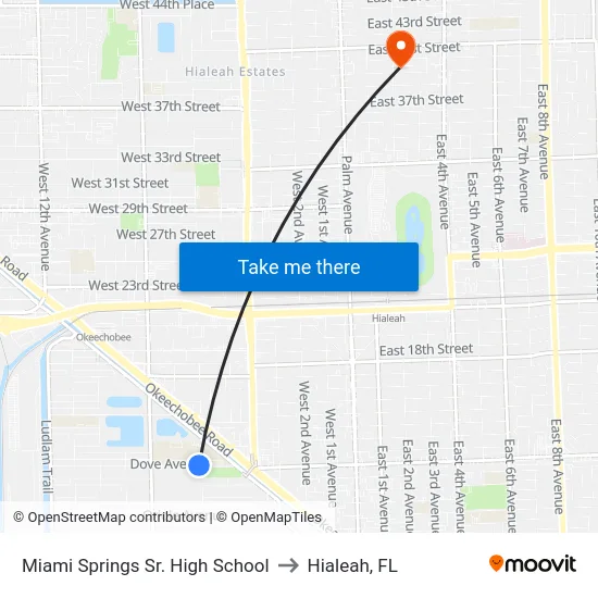 Miami Springs Sr. High School to Hialeah, FL map
