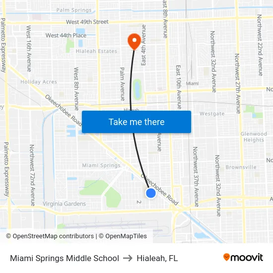 Miami Springs Middle School to Hialeah, FL map