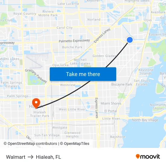 Walmart to Hialeah, FL map