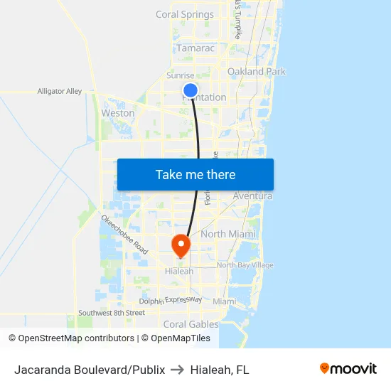 Jacaranda Boulevard/Publix to Hialeah, FL map