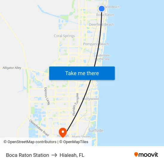 Boca Raton Station to Hialeah, FL map