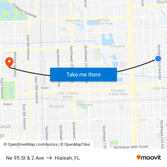 Ne 95 St & 2 Ave to Hialeah, FL map