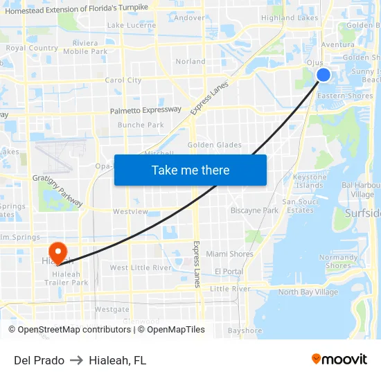 Del Prado to Hialeah, FL map