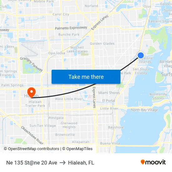 Ne 135 St@ne 20 Ave to Hialeah, FL map