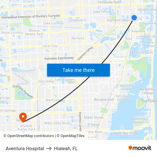 Aventura Hospital to Hialeah, FL map
