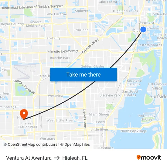 Ventura At Aventura to Hialeah, FL map