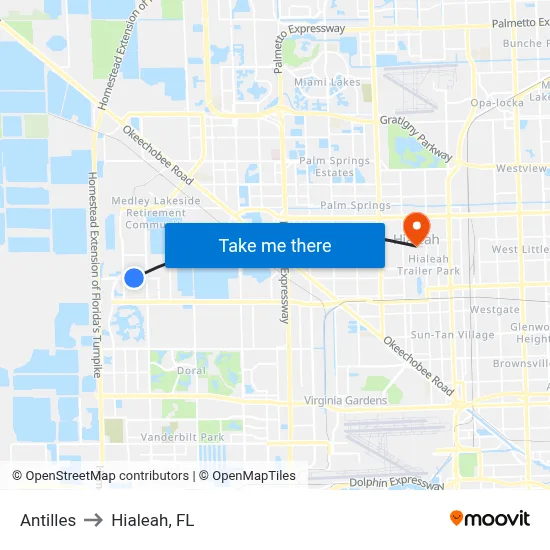 Antilles to Hialeah, FL map