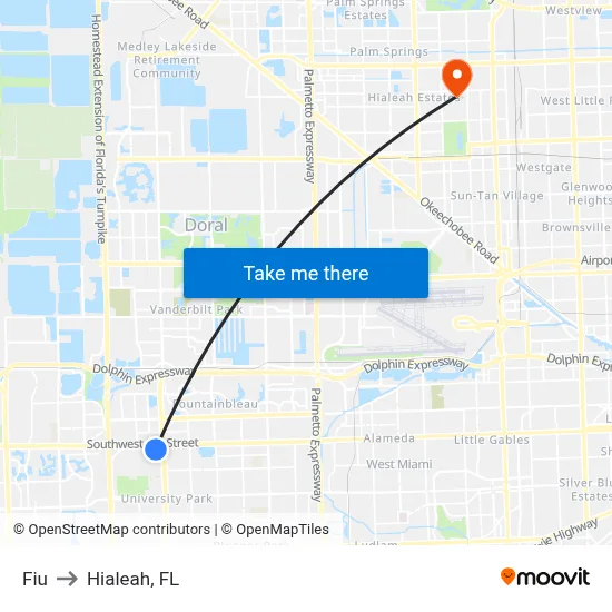 Fiu to Hialeah, FL map