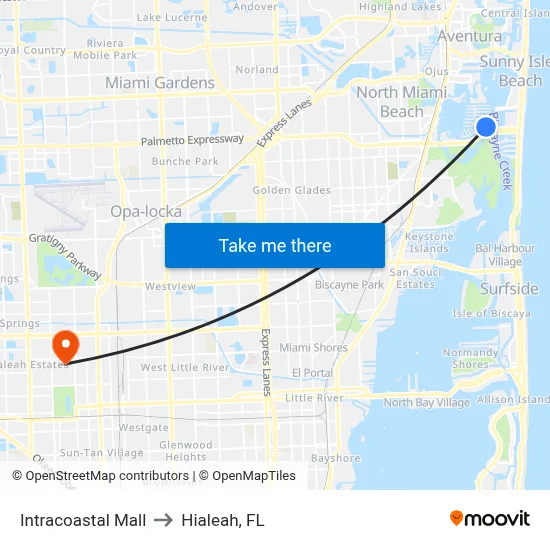 Intracoastal Mall to Hialeah, FL map