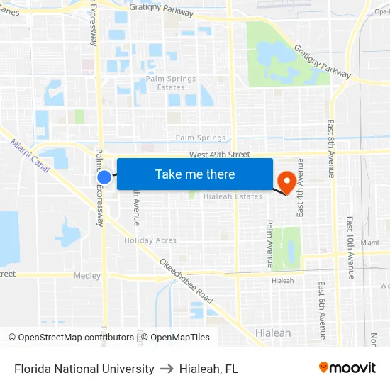 Florida National University to Hialeah, FL map