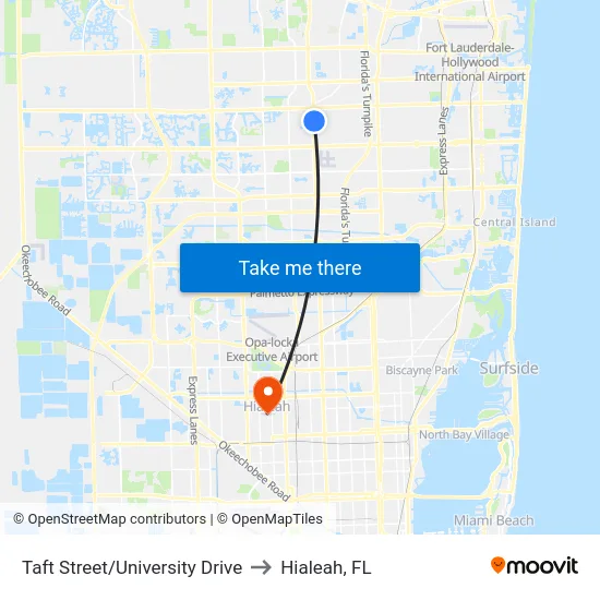 Taft Street/University Drive to Hialeah, FL map