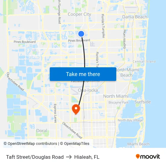 Taft Street/Douglas Road to Hialeah, FL map