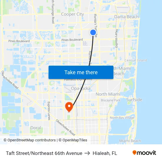 Taft Street/Northeast 66th Avenue to Hialeah, FL map