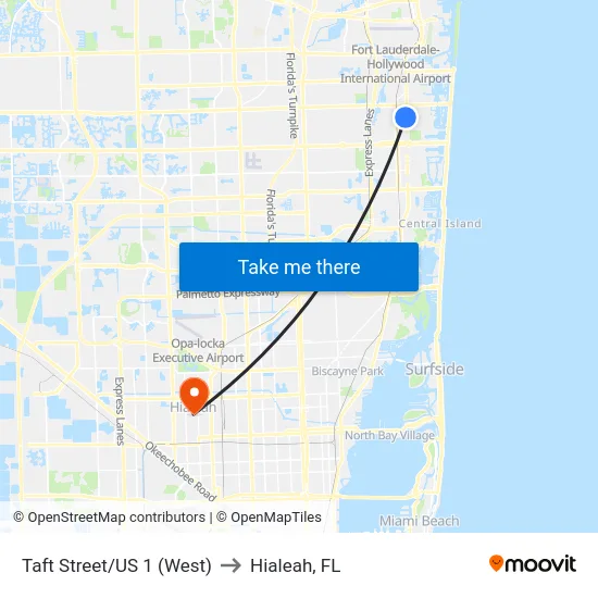 Taft Street/US 1 (West) to Hialeah, FL map
