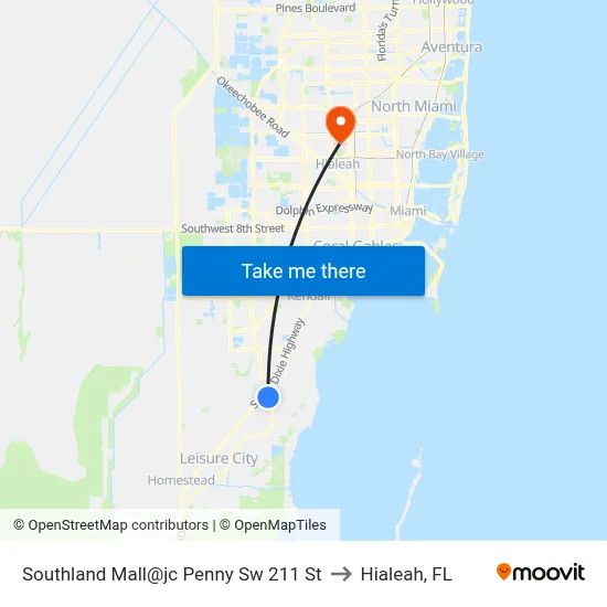 Southland Mall@jc Penny Sw 211 St to Hialeah, FL map