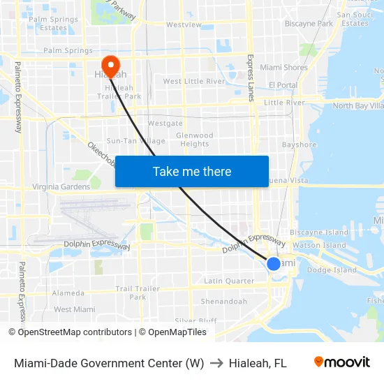 Miami-Dade Government Center (W) to Hialeah, FL map