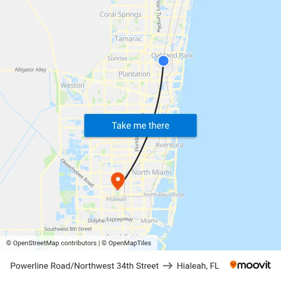 Powerline Road/Northwest 34th Street to Hialeah, FL map