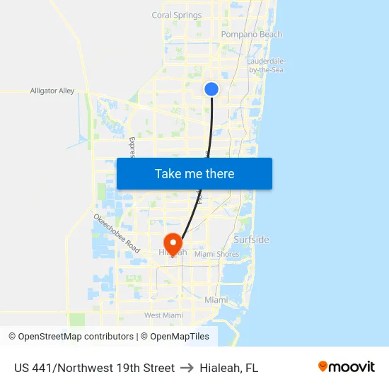 US 441/Northwest 19th Street to Hialeah, FL map