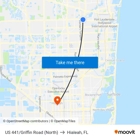 US 441/Griffin Road (North) to Hialeah, FL map