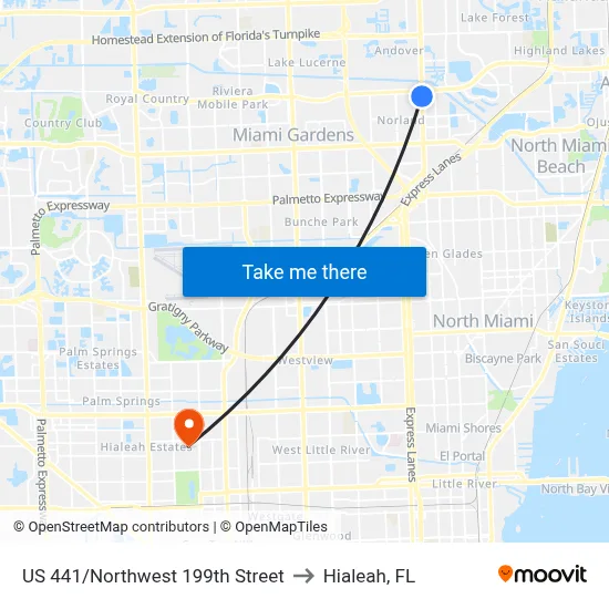 US 441/Northwest 199th Street to Hialeah, FL map
